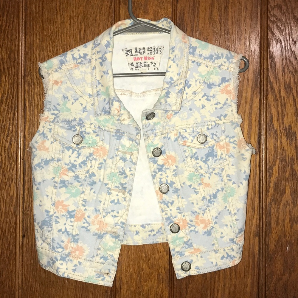 Floral pattern jean vest